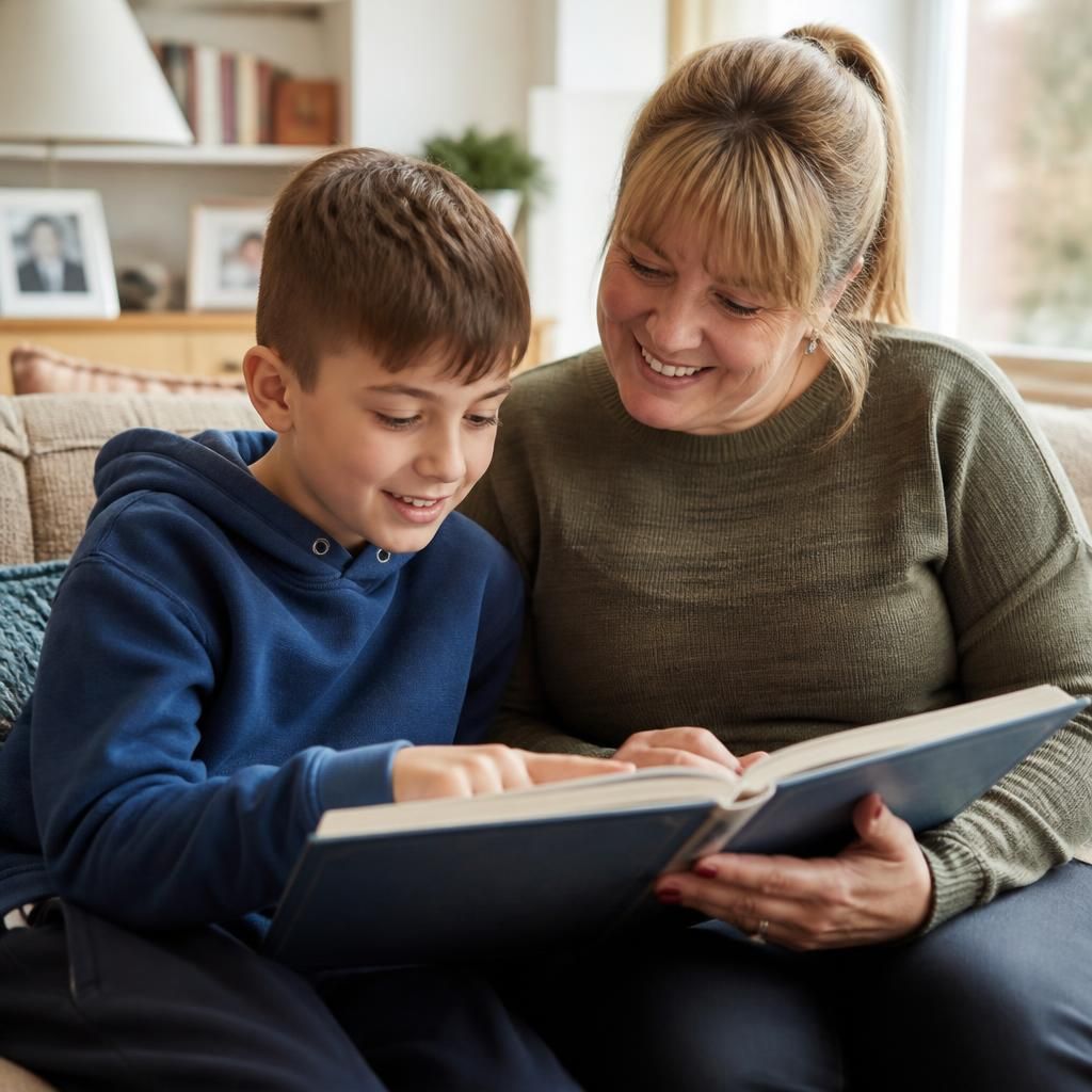 Child reading with a foster carer in a welcoming home