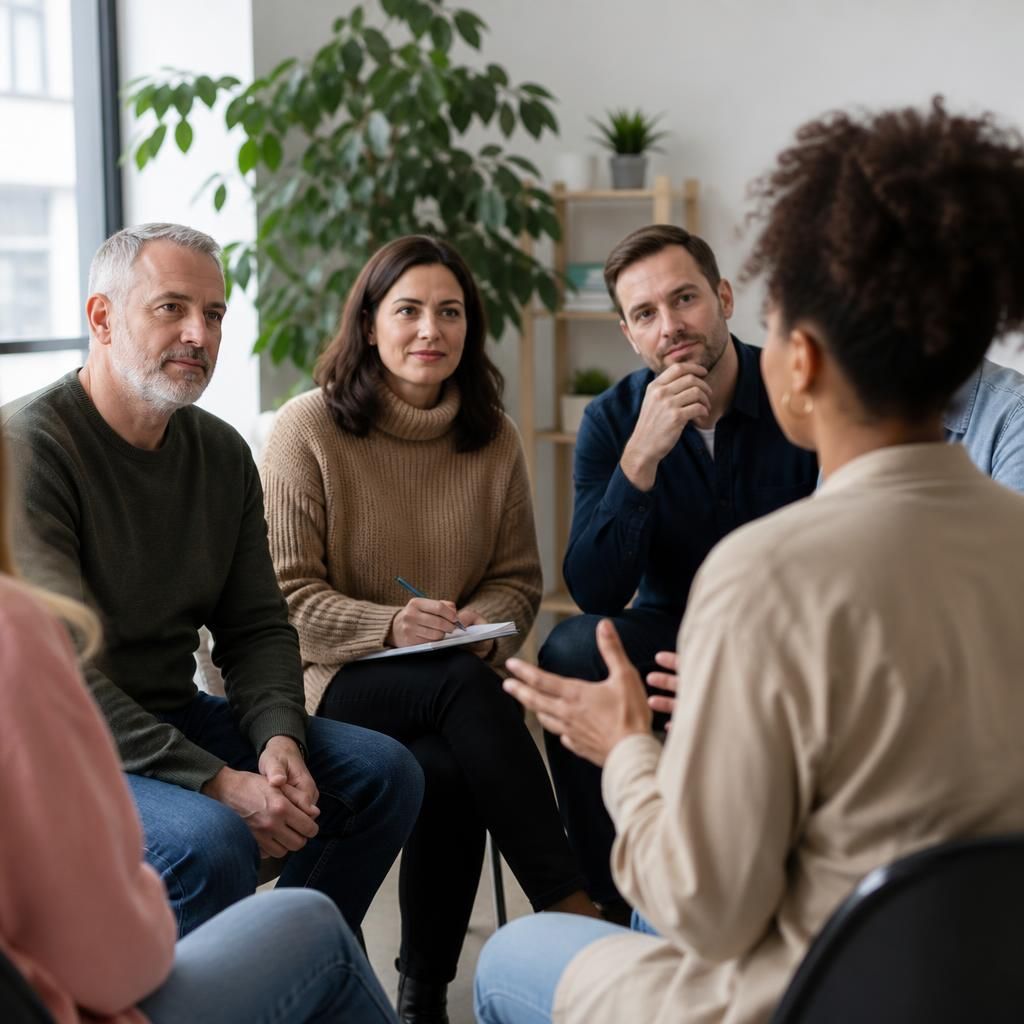 Foster carers taking part in a group training discussion with a trainer