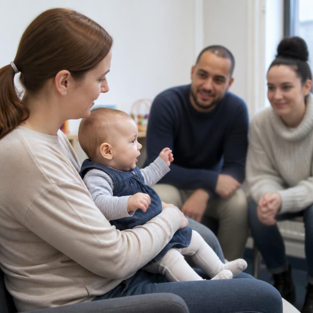 Foster carer holding an infant during a supervised family contact visit