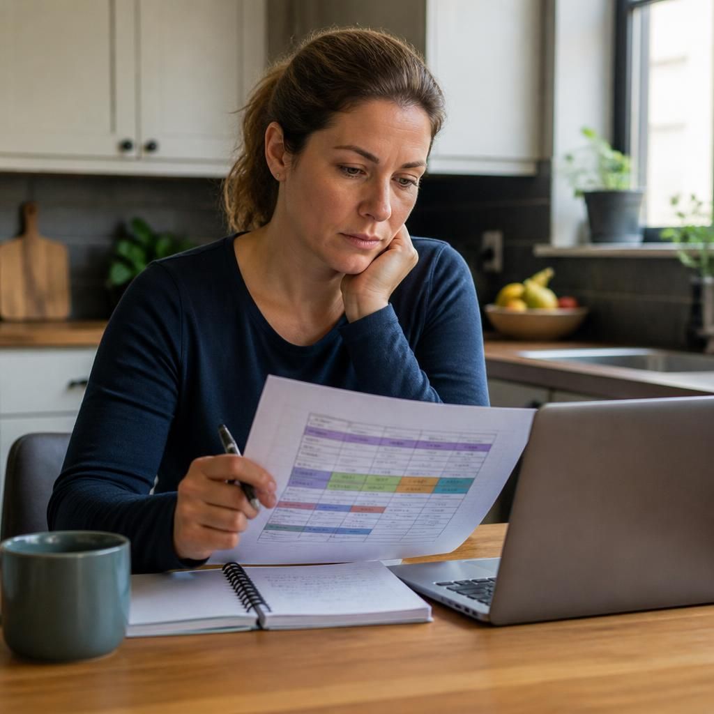 Foster carer reviewing a work schedule at a kitchen table