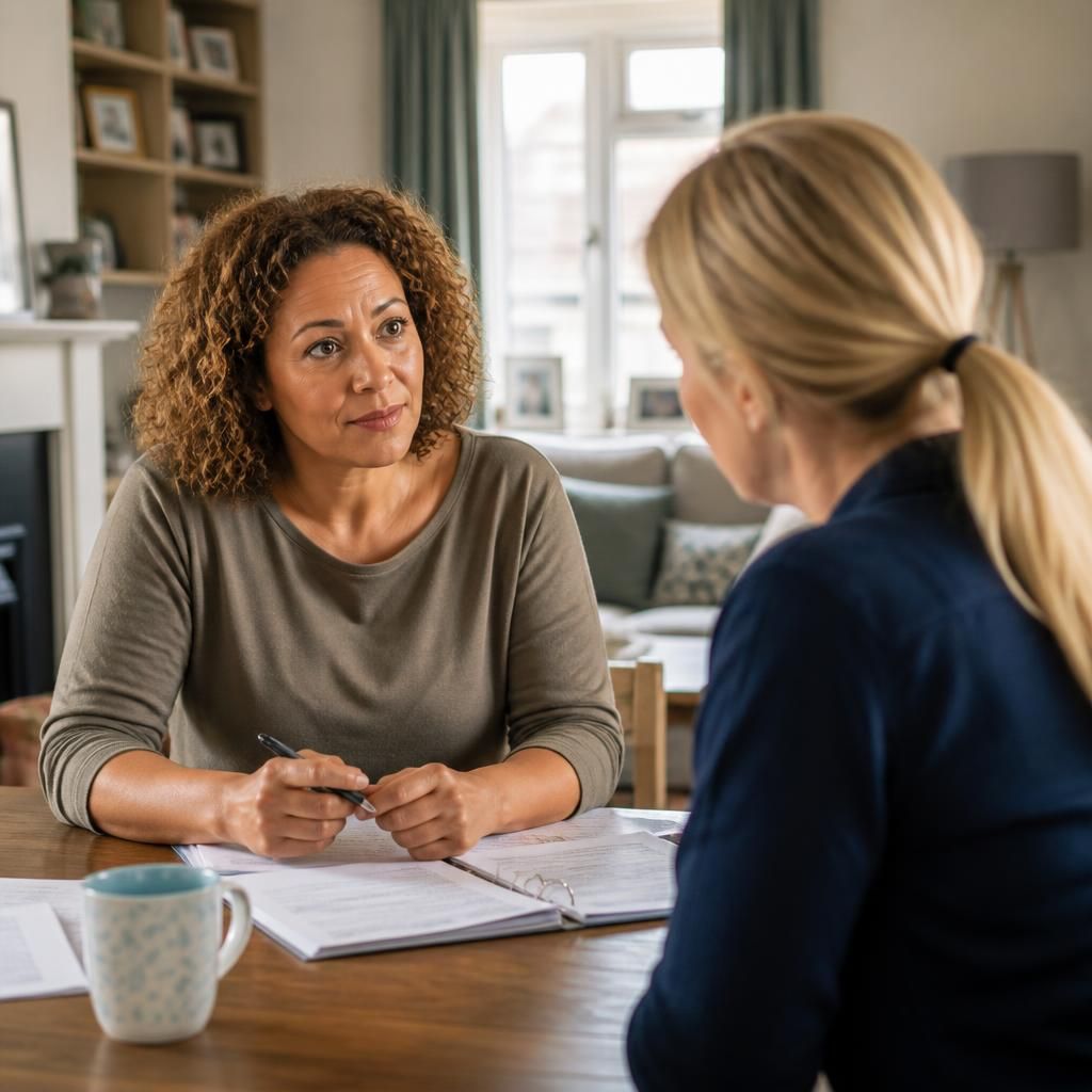 Foster carer discussing placement plans with a social worker at home
