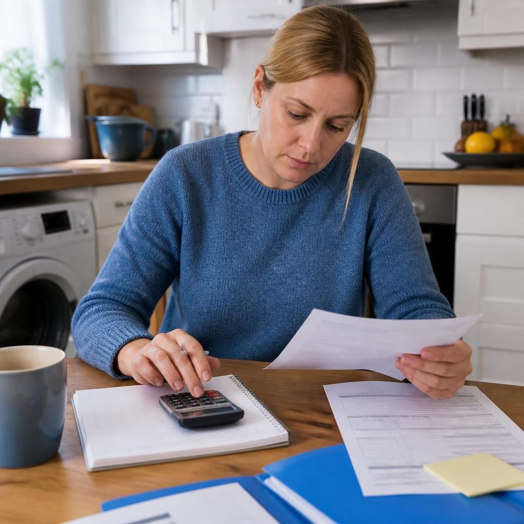 Foster carer reviewing household costs and placement paperwork at a kitchen table