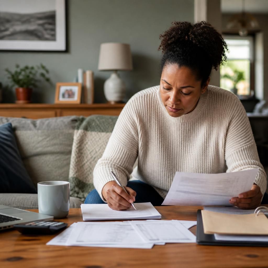 Prospective foster to adopt carer completing assessment paperwork at home