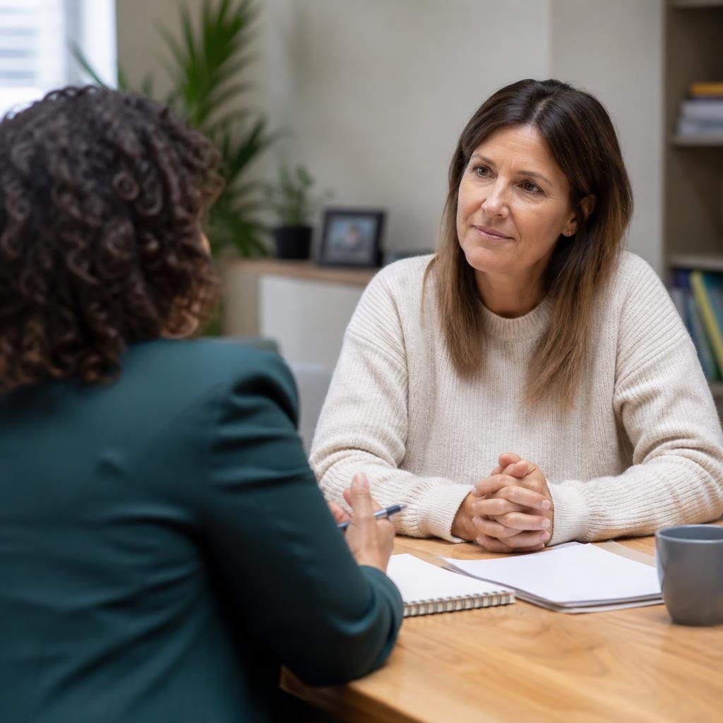 Foster carer speaking with a social worker at a table