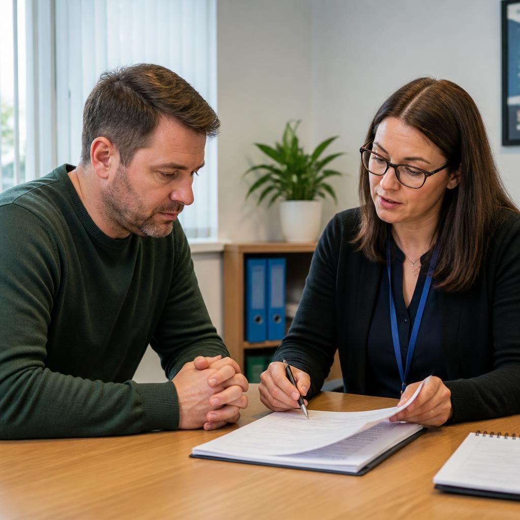 Person reviewing background check paperwork with a fostering adviser