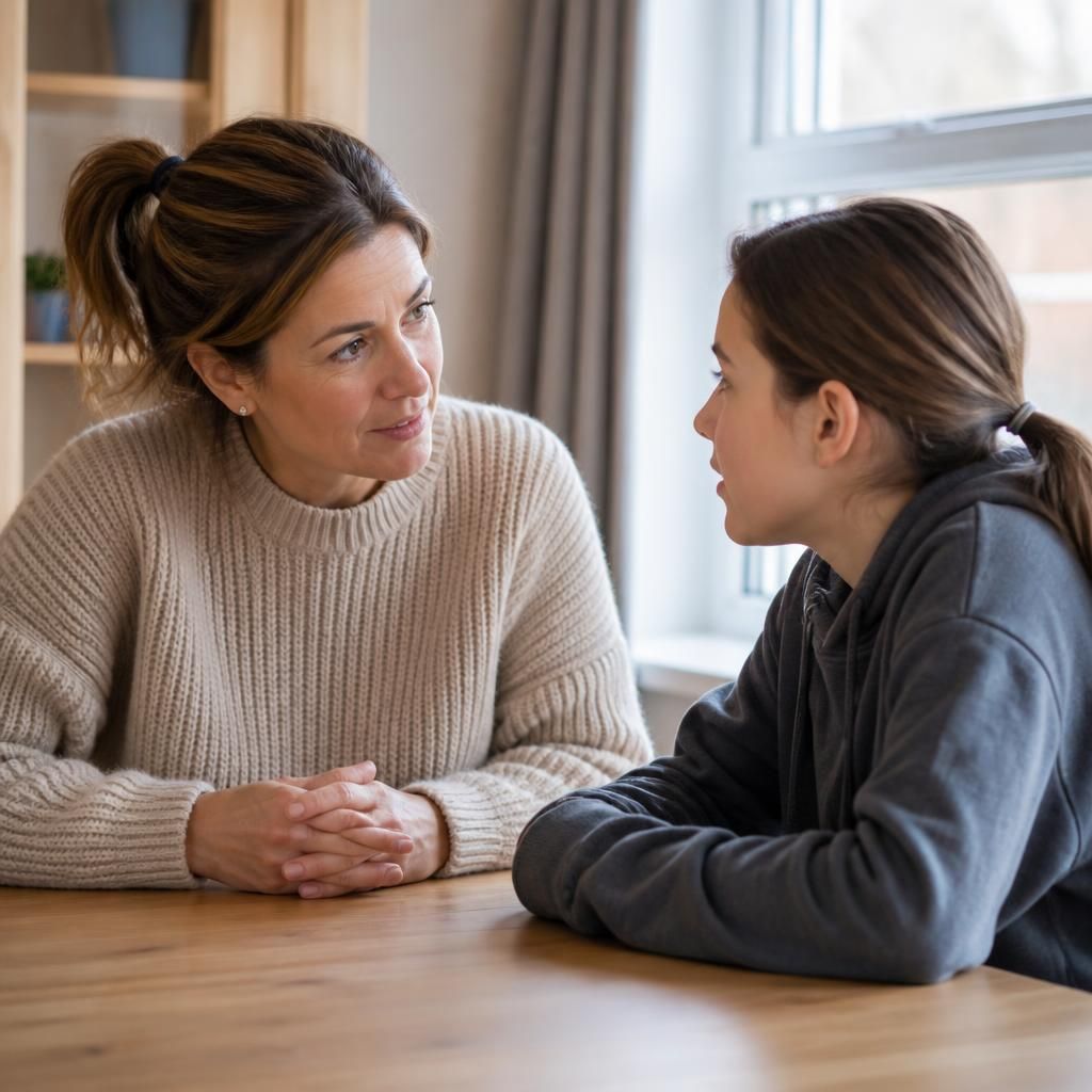 Foster carer and child talking together at a table