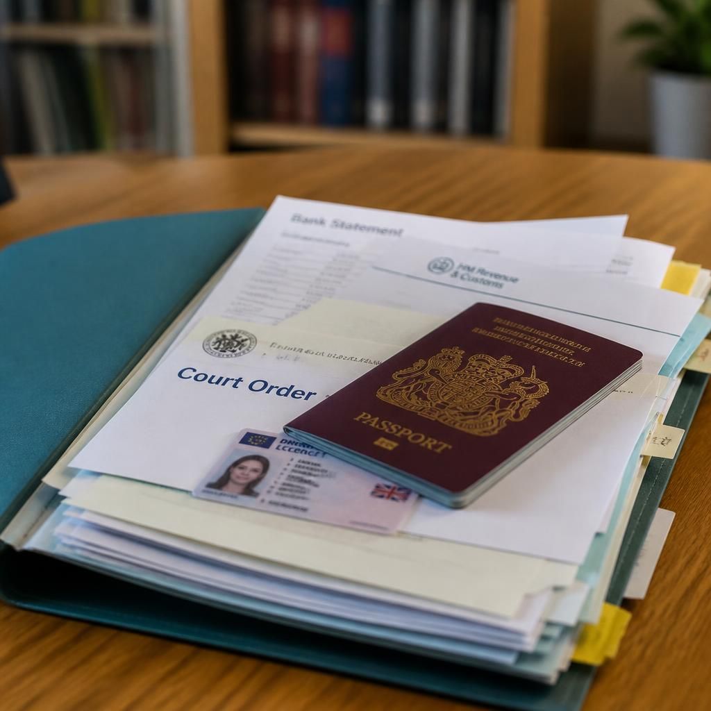 Folder of identity, financial and court documents for a special guardianship application