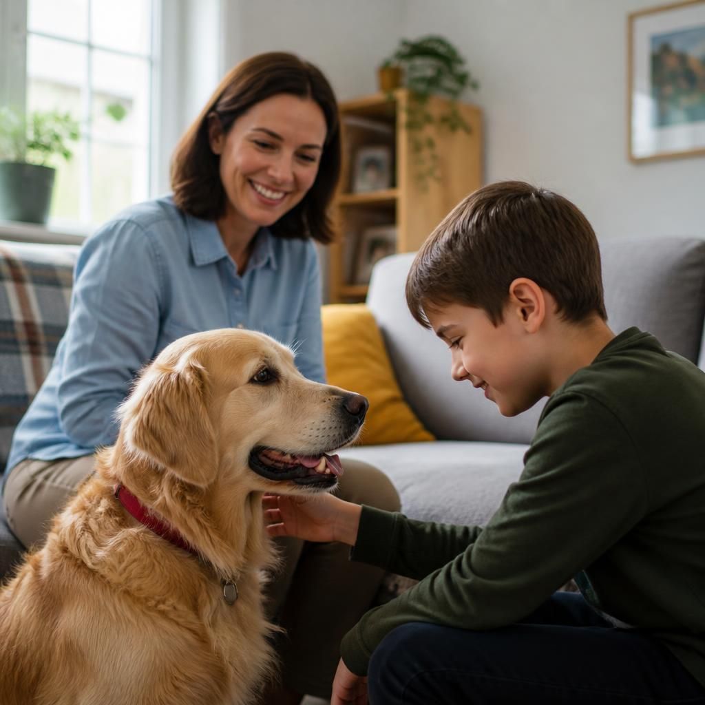 Foster carer supervising a child gently interacting with a family dog