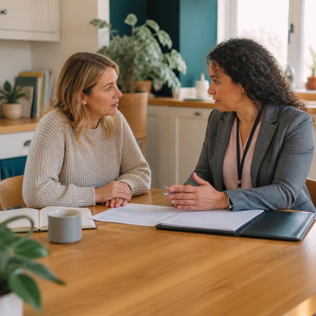 Foster carer discussing placement details with a social worker at a table