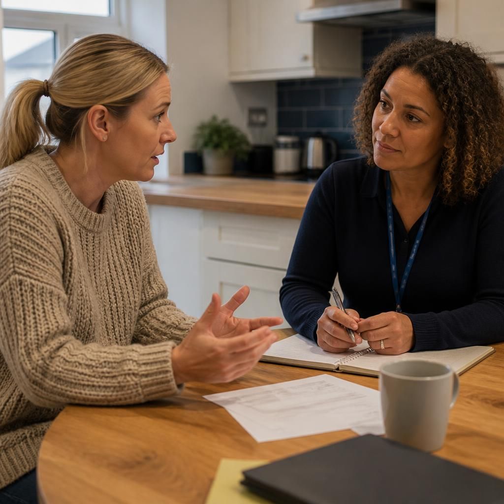 Single parent foster carer discussing placement plans with a supervising social worker