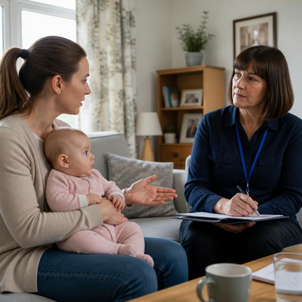 Foster carer candidate discussing infant care with an assessor at home