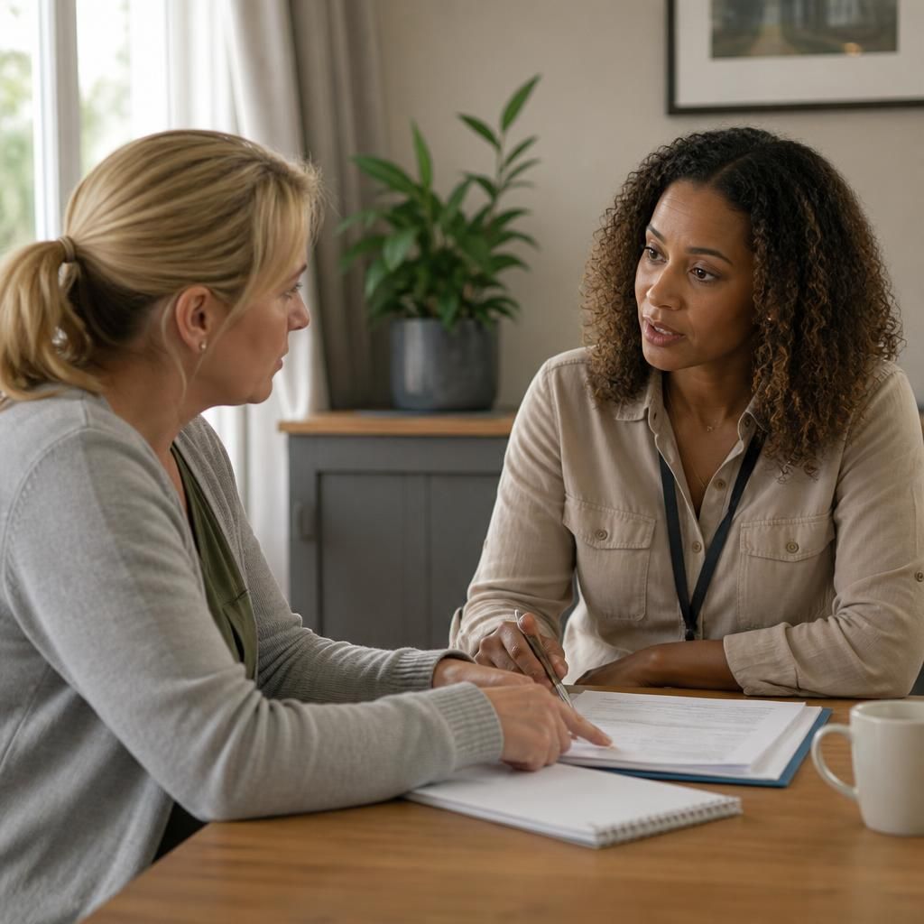 Foster carer and social worker discussing a child's transition plan at a table