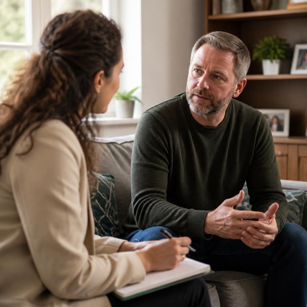 Foster carer speaking with a social worker during a home visit