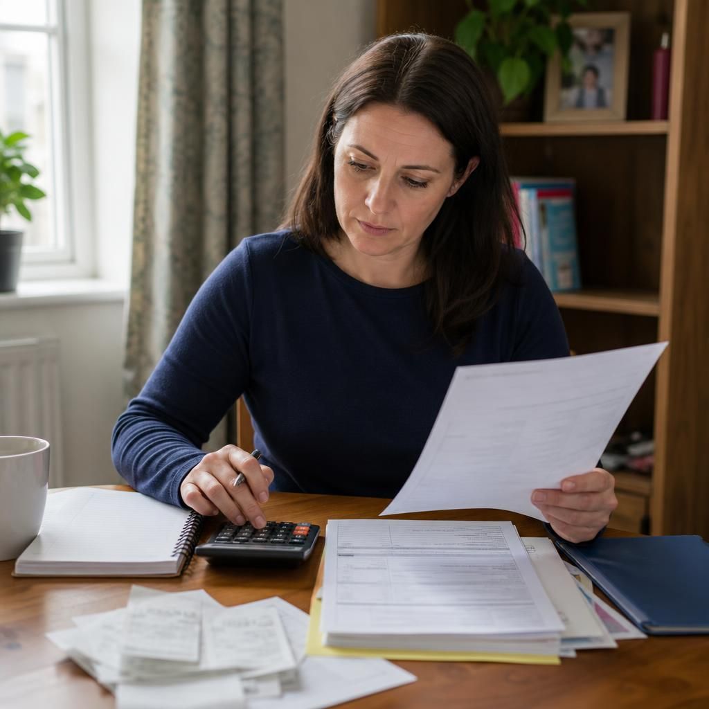 Foster carer reviewing payment records and tax documents at a desk