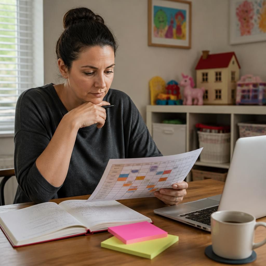Foster carer reviewing a work rota and childcare plan at home
