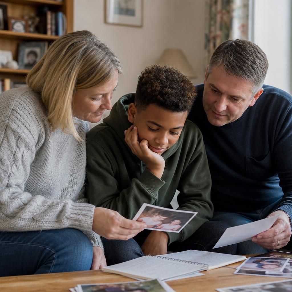 Family looking at photographs and notes together