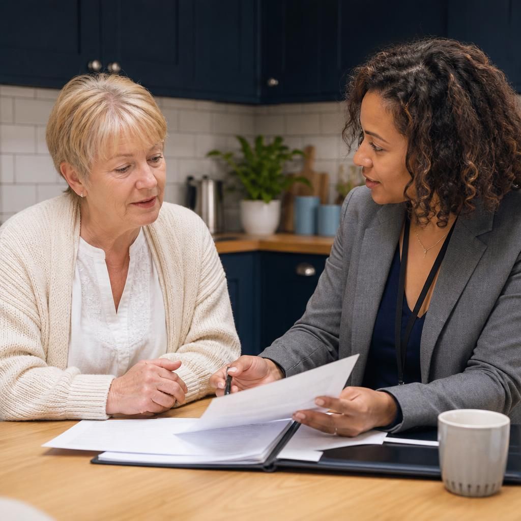 Prospective foster carer discussing paperwork with a social worker at a kitchen table