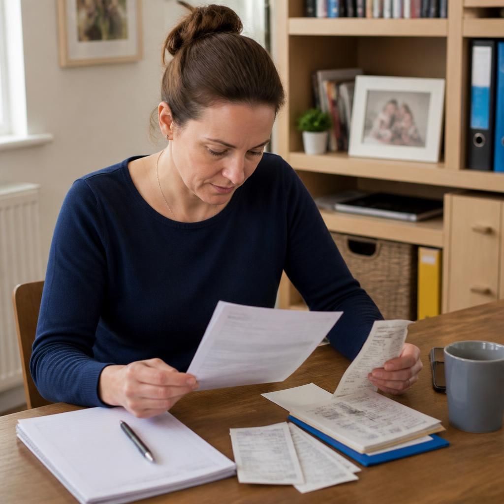 Foster carer reviewing transfer documents and expense receipts at a table
