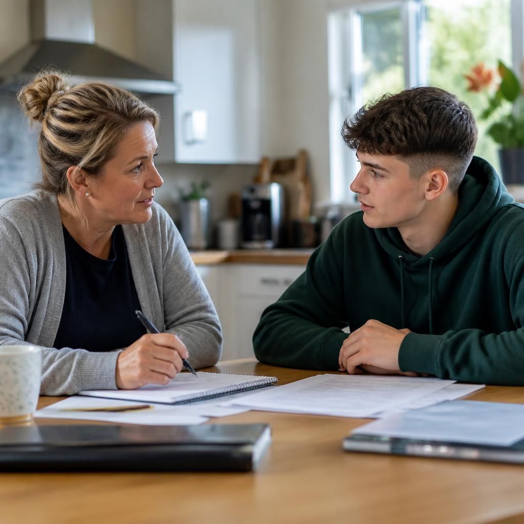 Foster carer and teenager discussing plans at a kitchen table