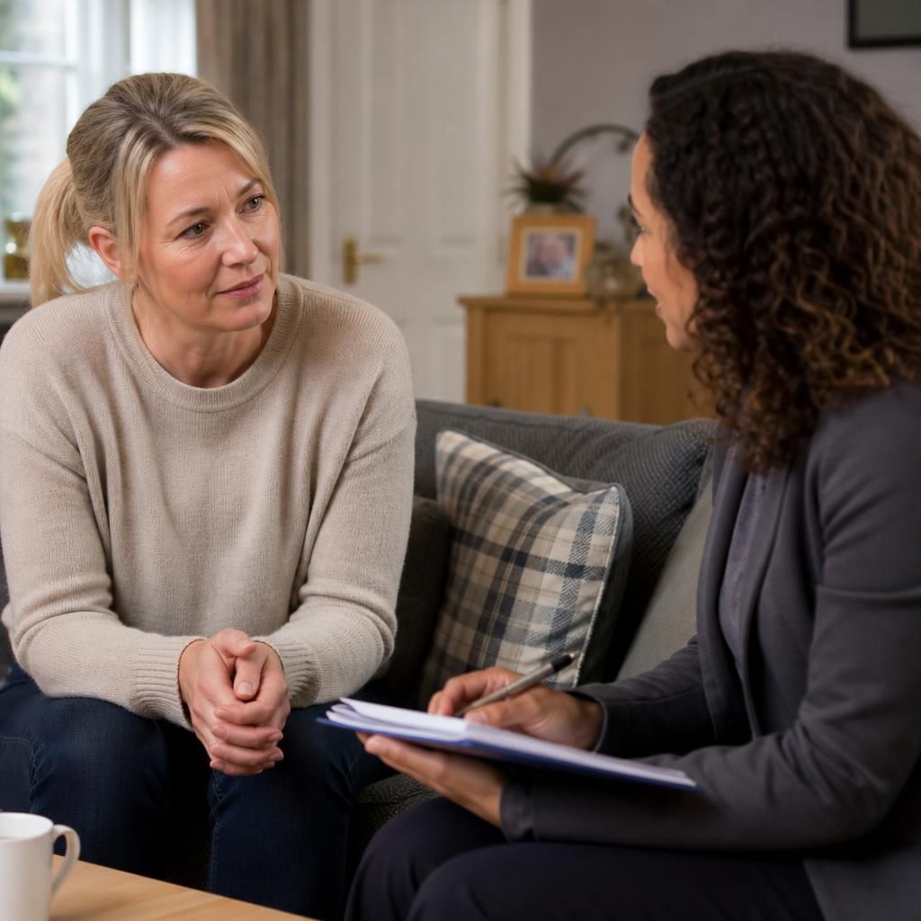Foster carer speaking with a supervising social worker during a home visit