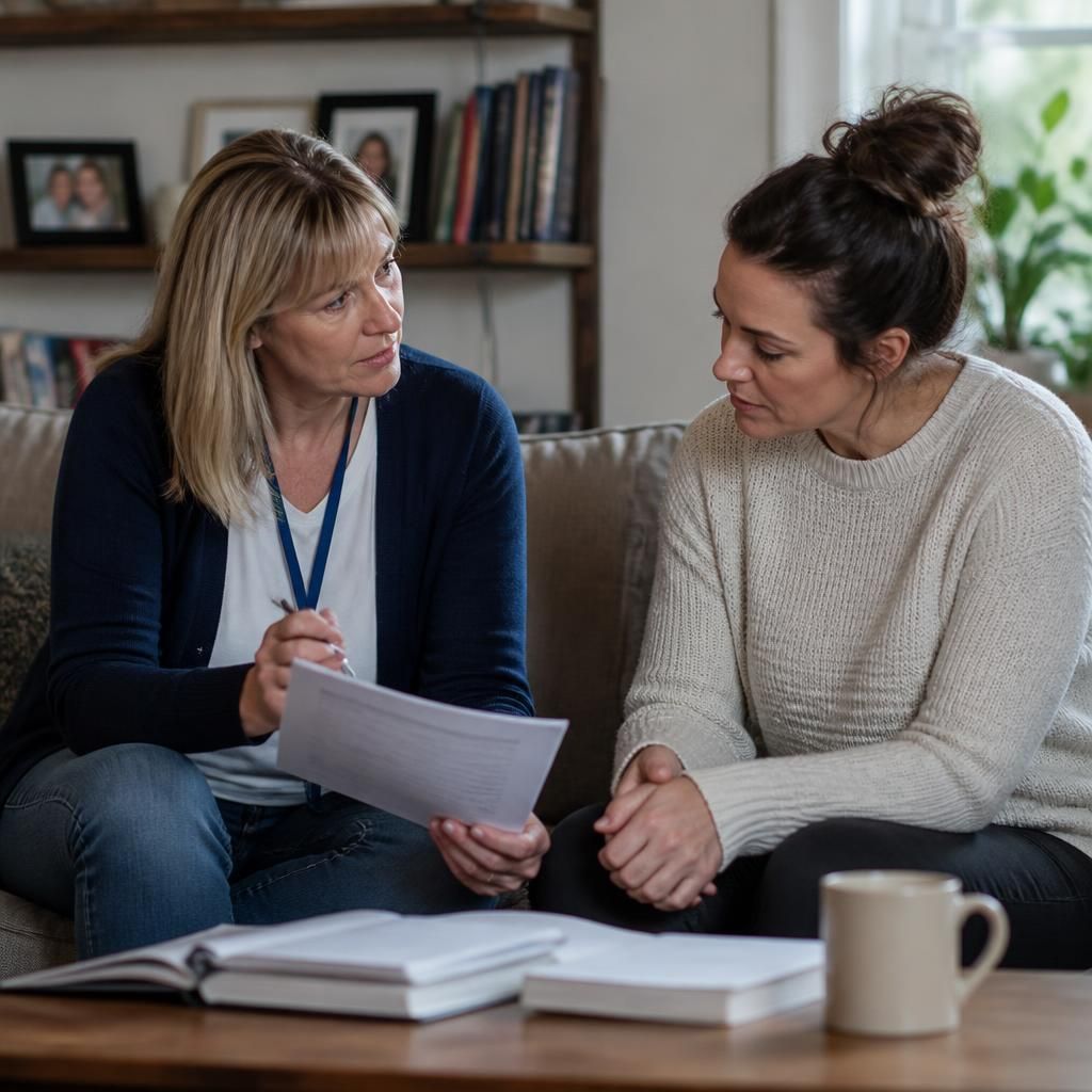 Foster carer discussing updated guidance with a supervising social worker
