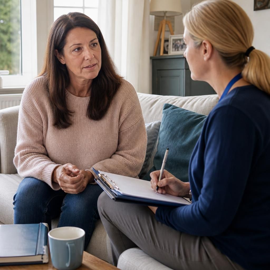 Kinship foster carer speaking with a social worker at home