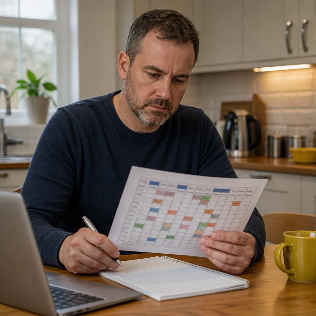 Foster carer reviewing a work shift rota at home