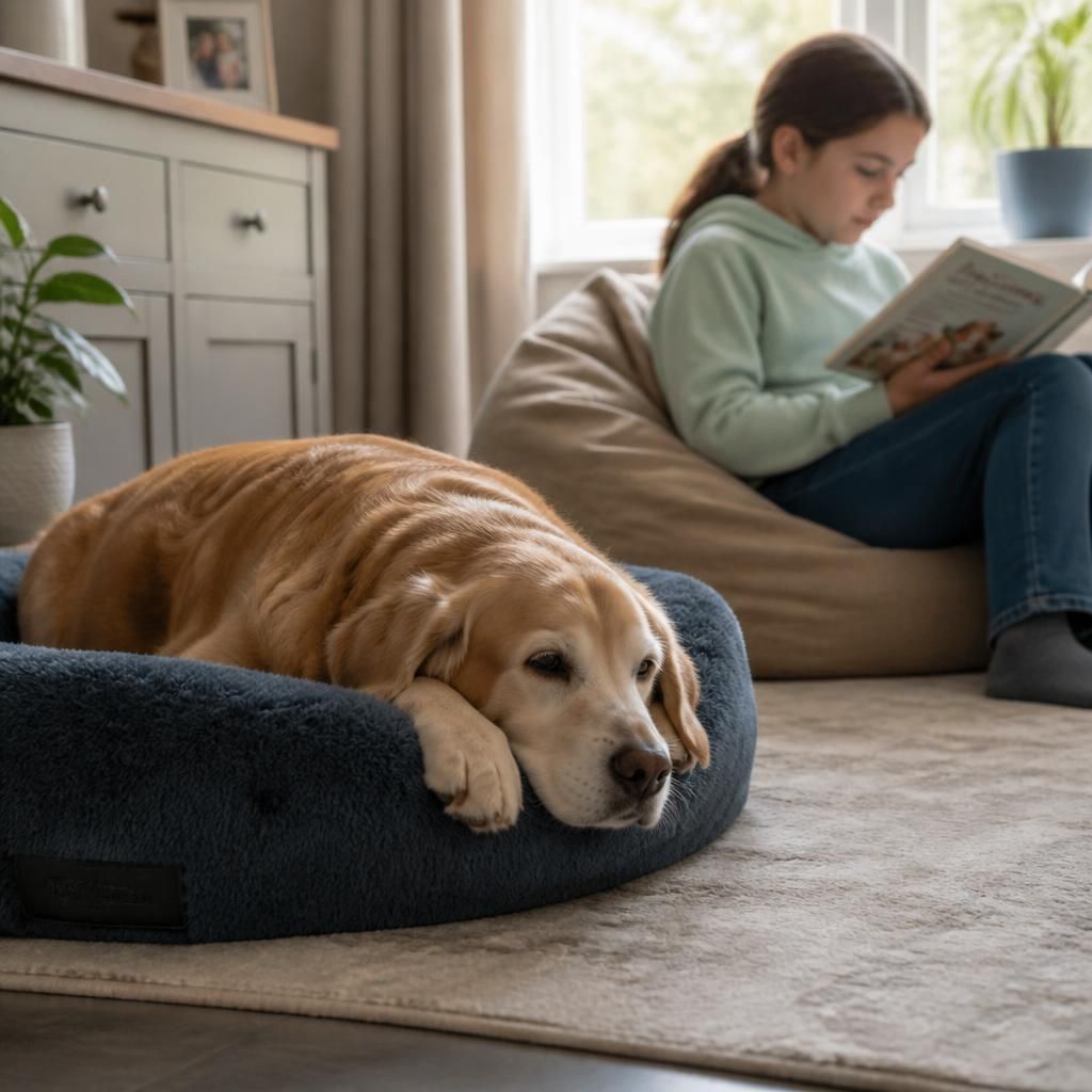 Dog resting on its bed while a child reads nearby