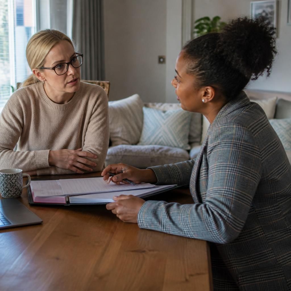 Foster carer discussing a child's needs with a social worker during a placement meeting