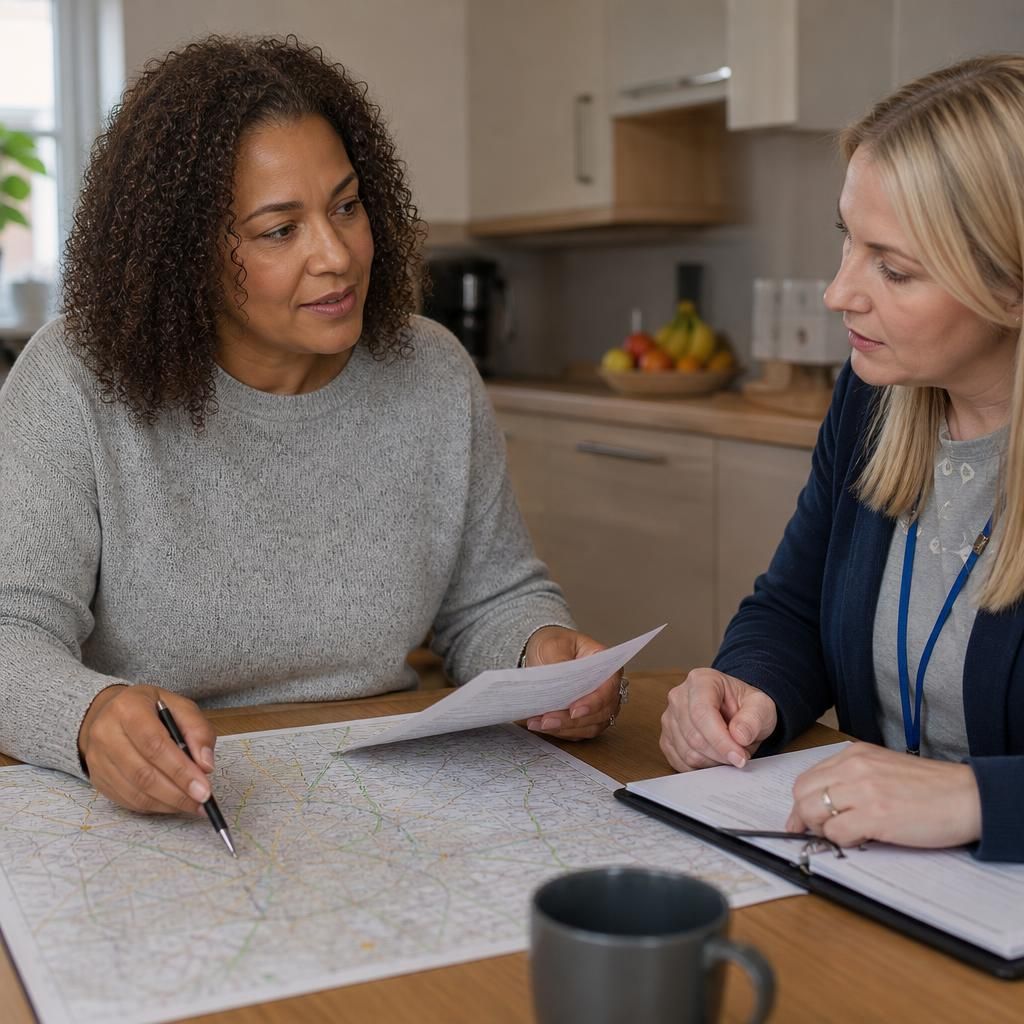 Foster carer and social worker reviewing a map and placement documents at a table