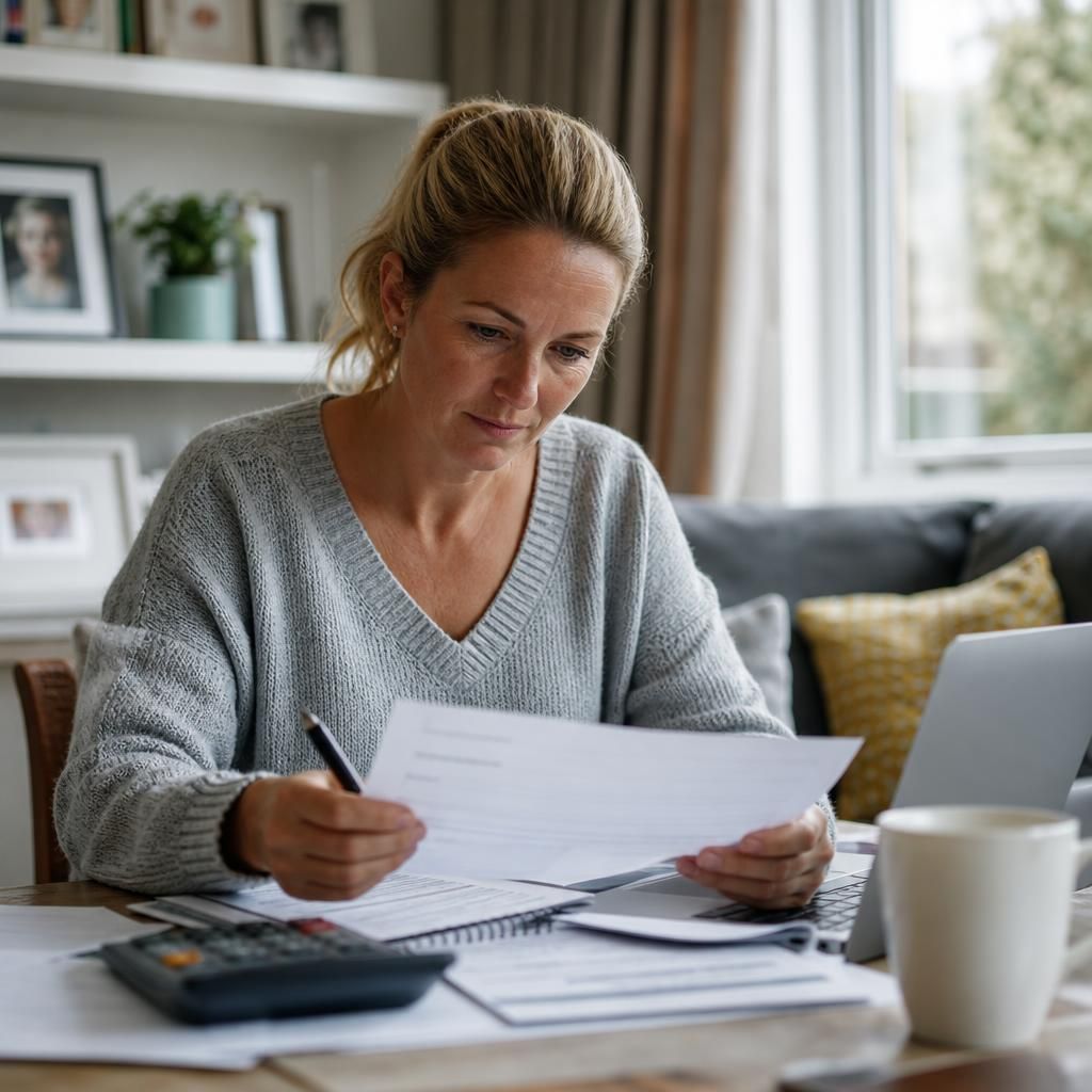 Foster carer reviewing household finances and paperwork at home