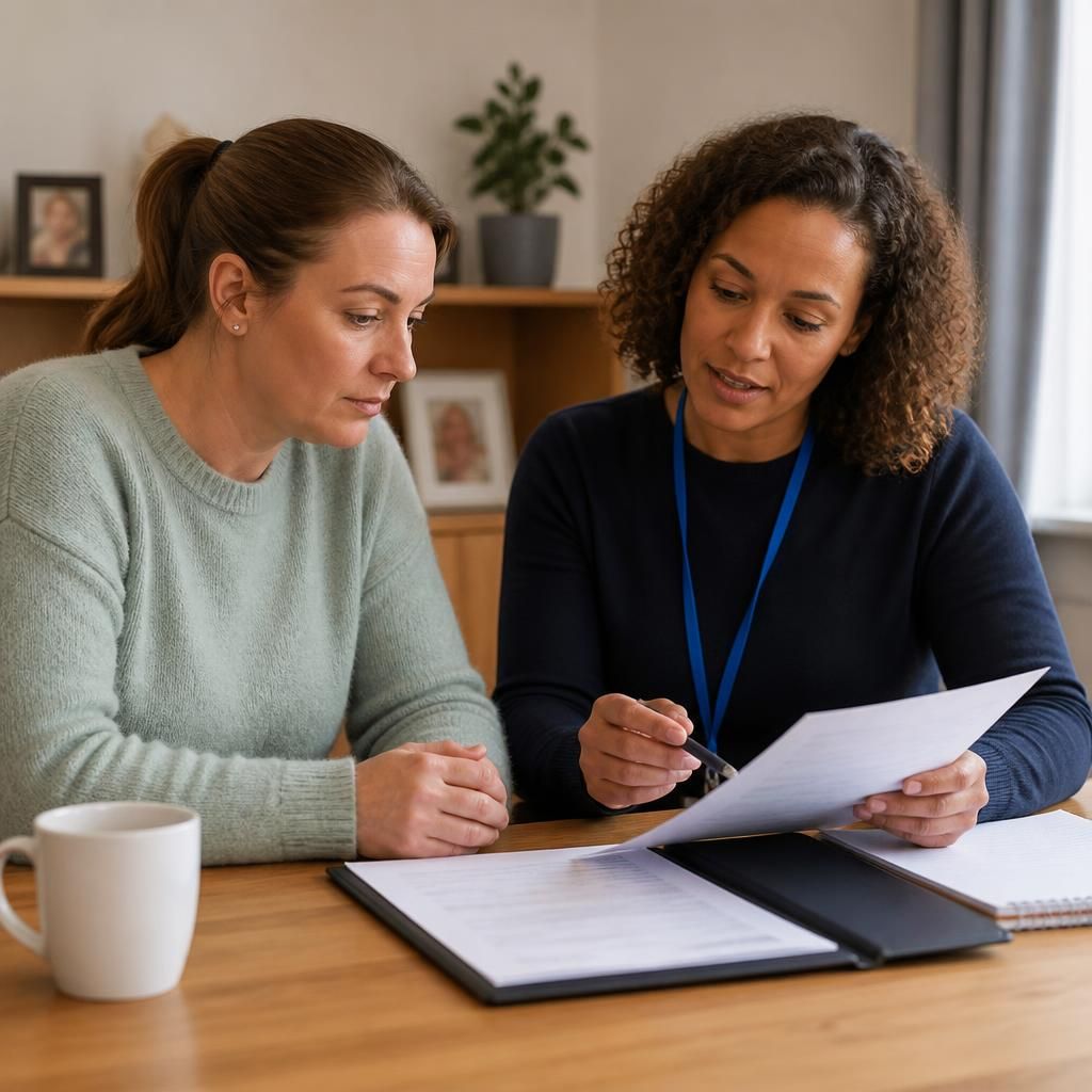 Foster carer and social worker reviewing fostering documents at a table