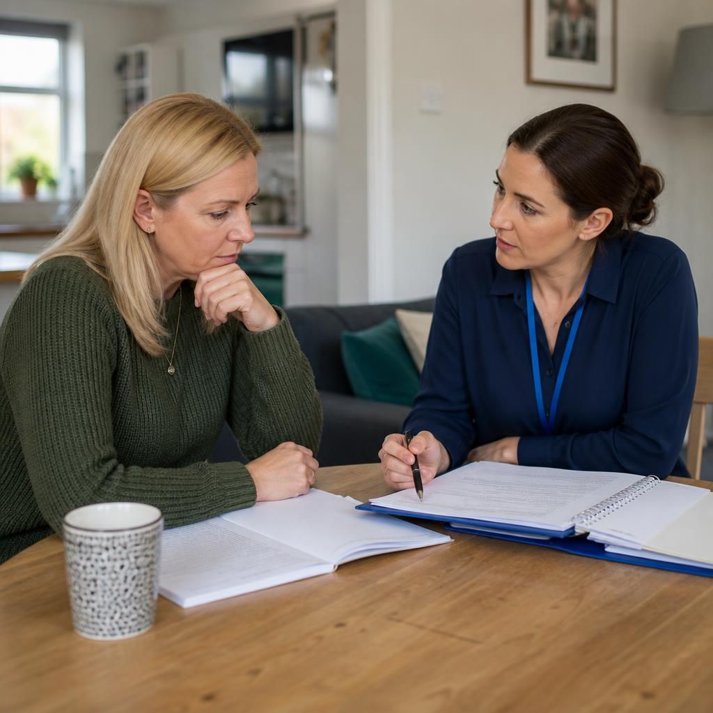Foster carer reviewing placement notes with a social worker at a table