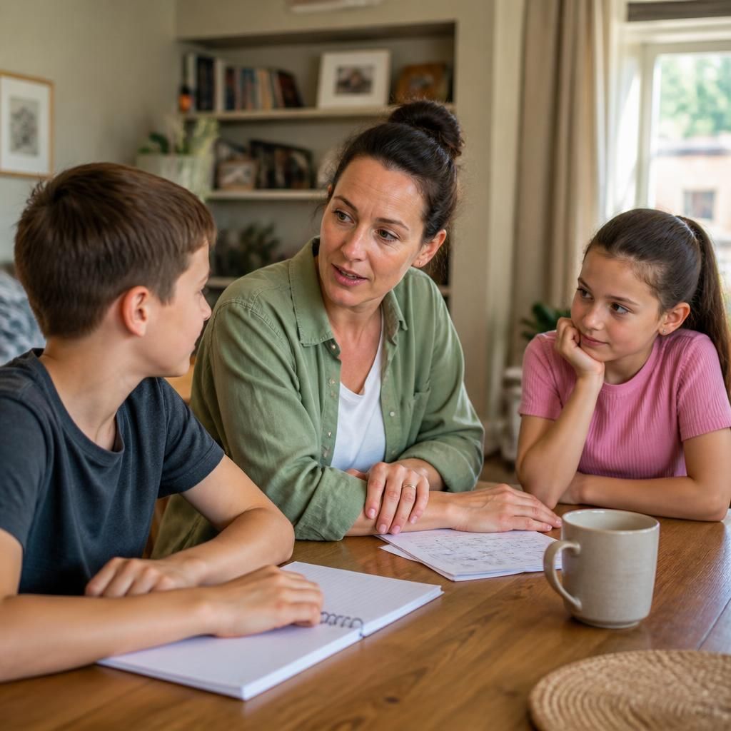 Parent discussing family plans with two children at home