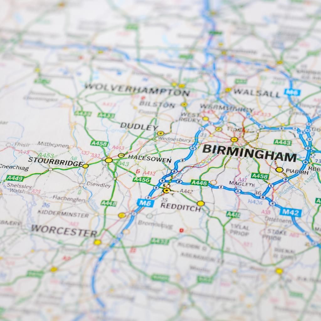 Map showing roads and towns across the West Midlands