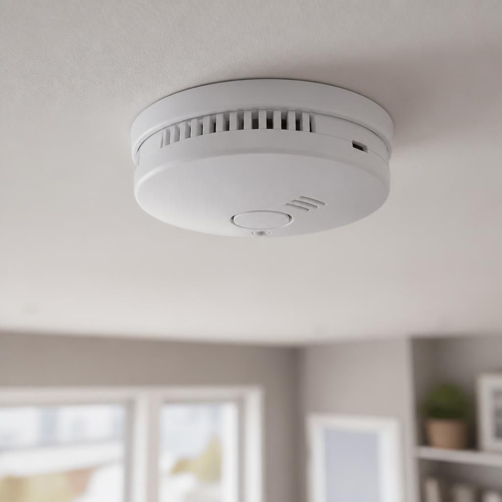 Smoke alarm mounted on a ceiling in a family home