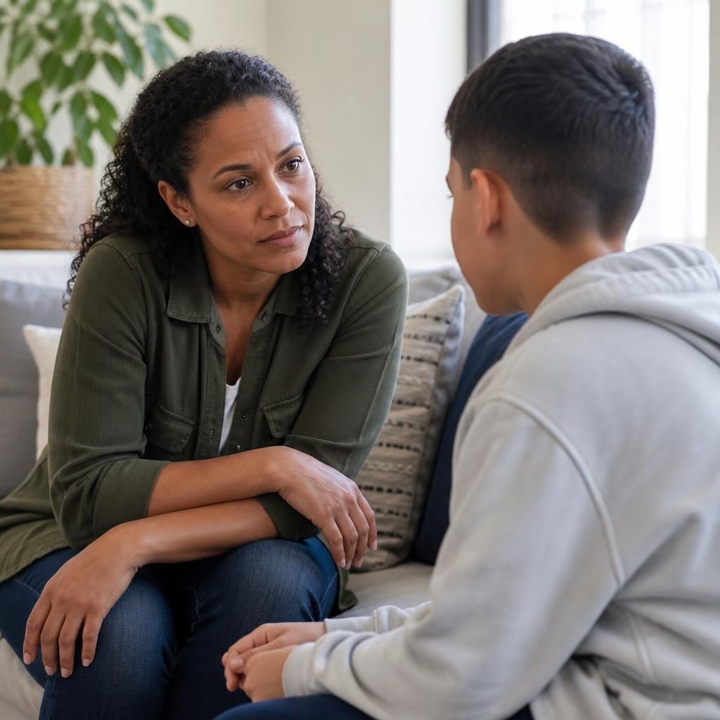 Foster carer listening attentively to a child at home