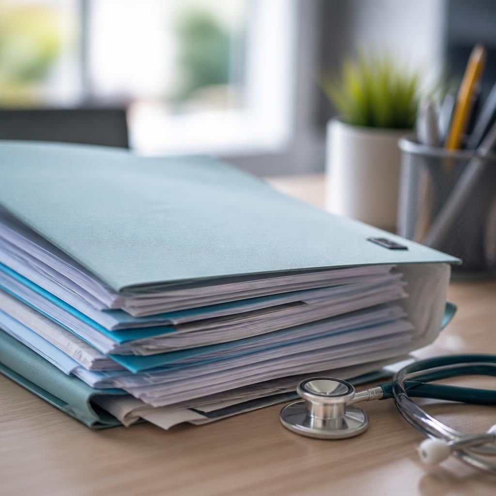 Folder of medical records and healthcare documents on a desk