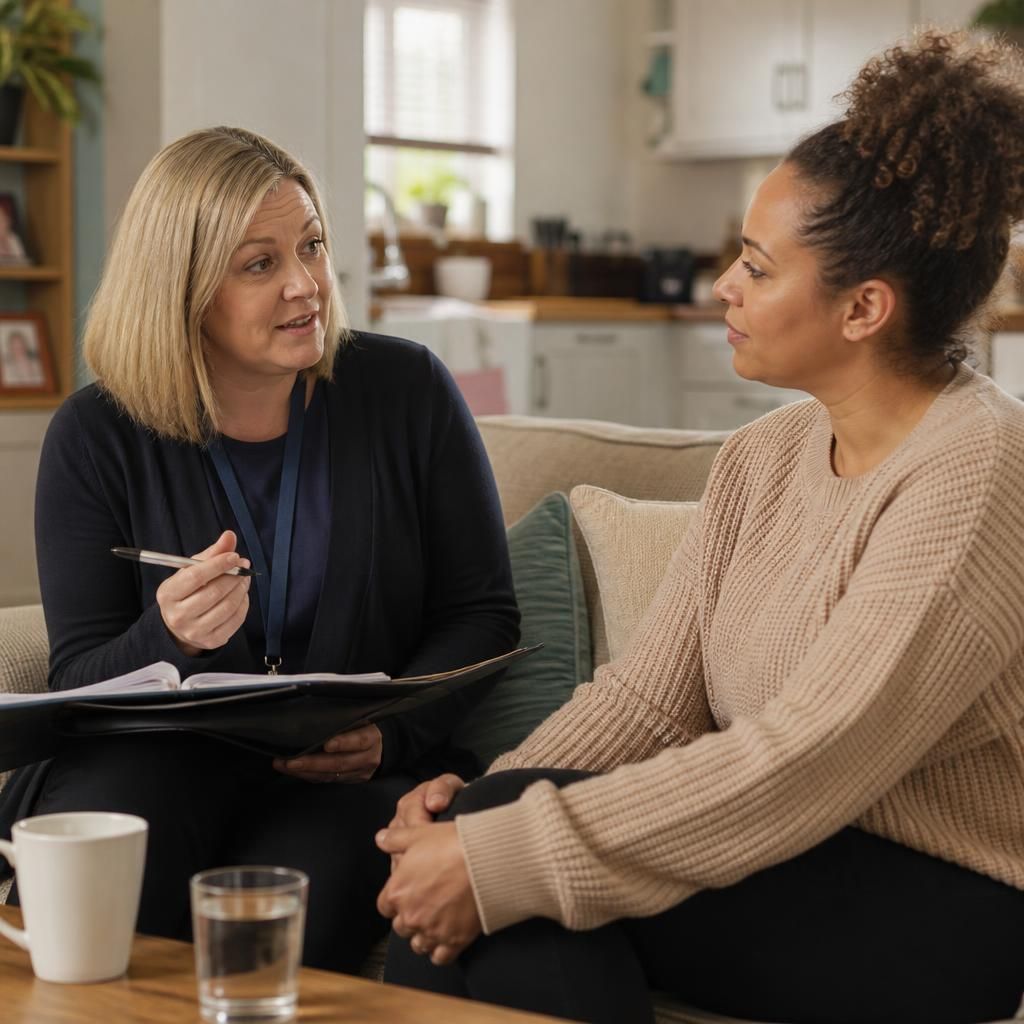 Prospective foster carer discussing household arrangements with a fostering adviser