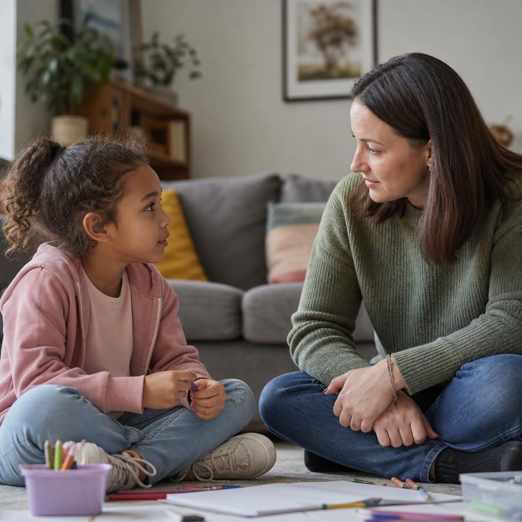 Foster carer talking with a child during a calm activity