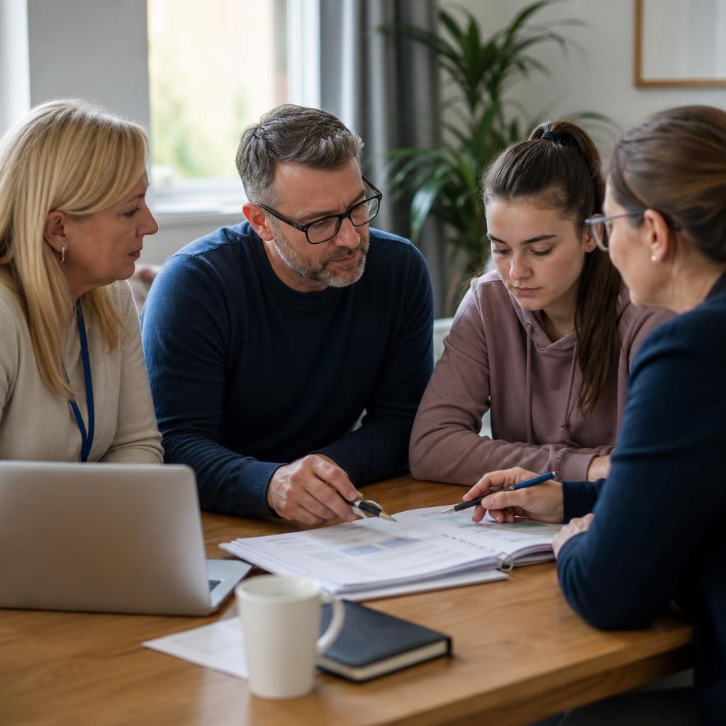 Foster carers and professionals reviewing a child’s care plan at a table