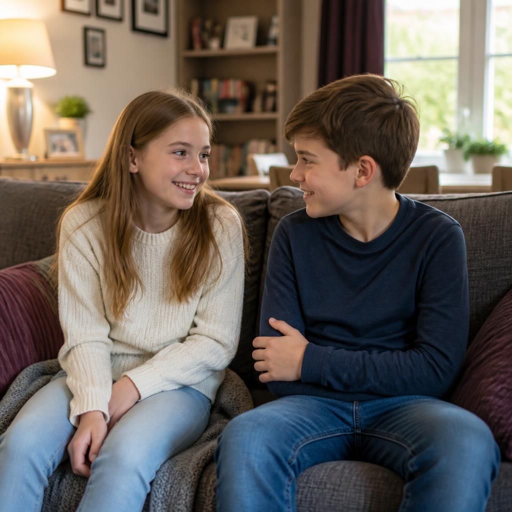 Siblings sitting together in a family living room