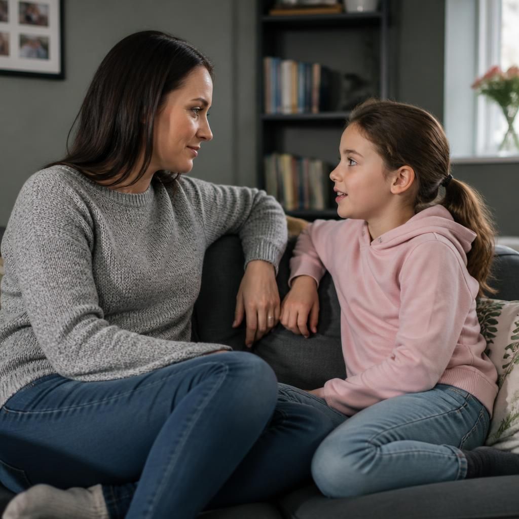 Foster carer and child talking together at home