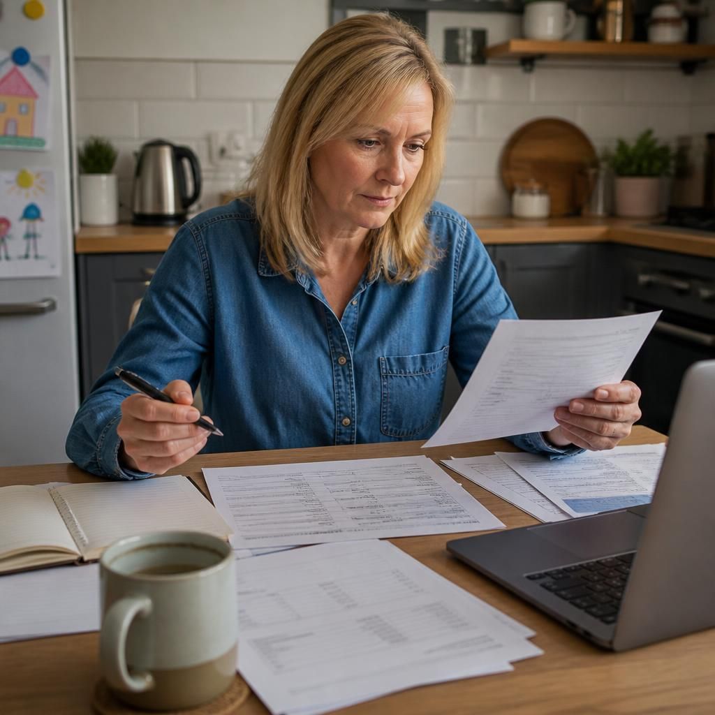 Foster carer reviewing a fostering agreement and payment records at a kitchen table