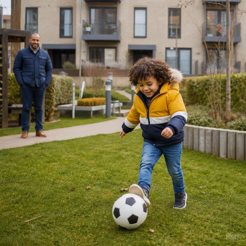 Child playing in a secure communal garden with an adult nearby