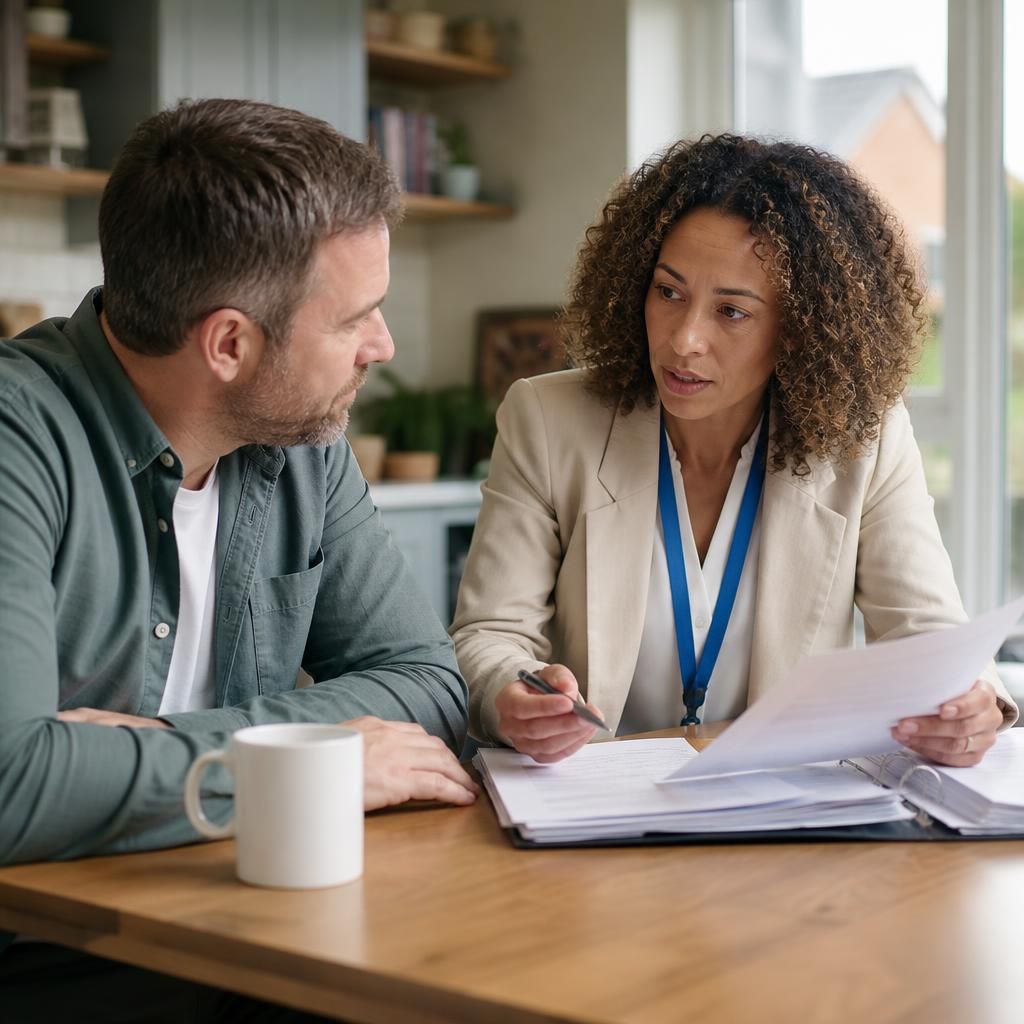 Social worker reviewing foster carer assessment documents with an applicant