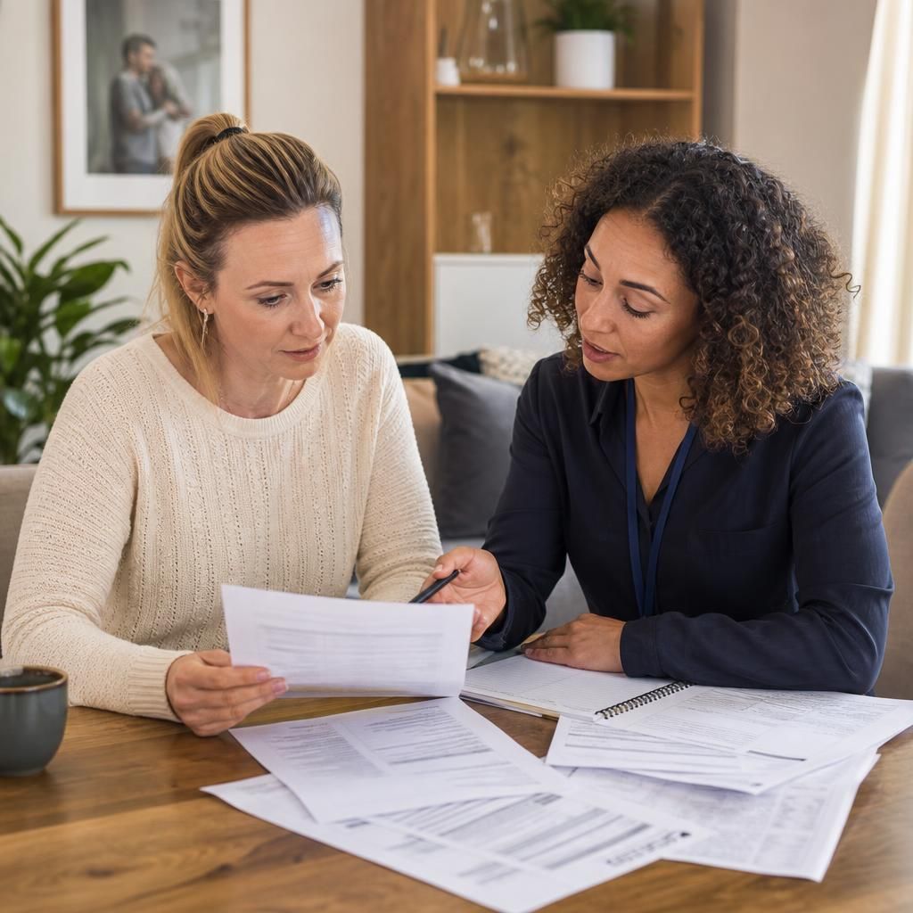 Foster carer and supervising social worker reviewing expense documents