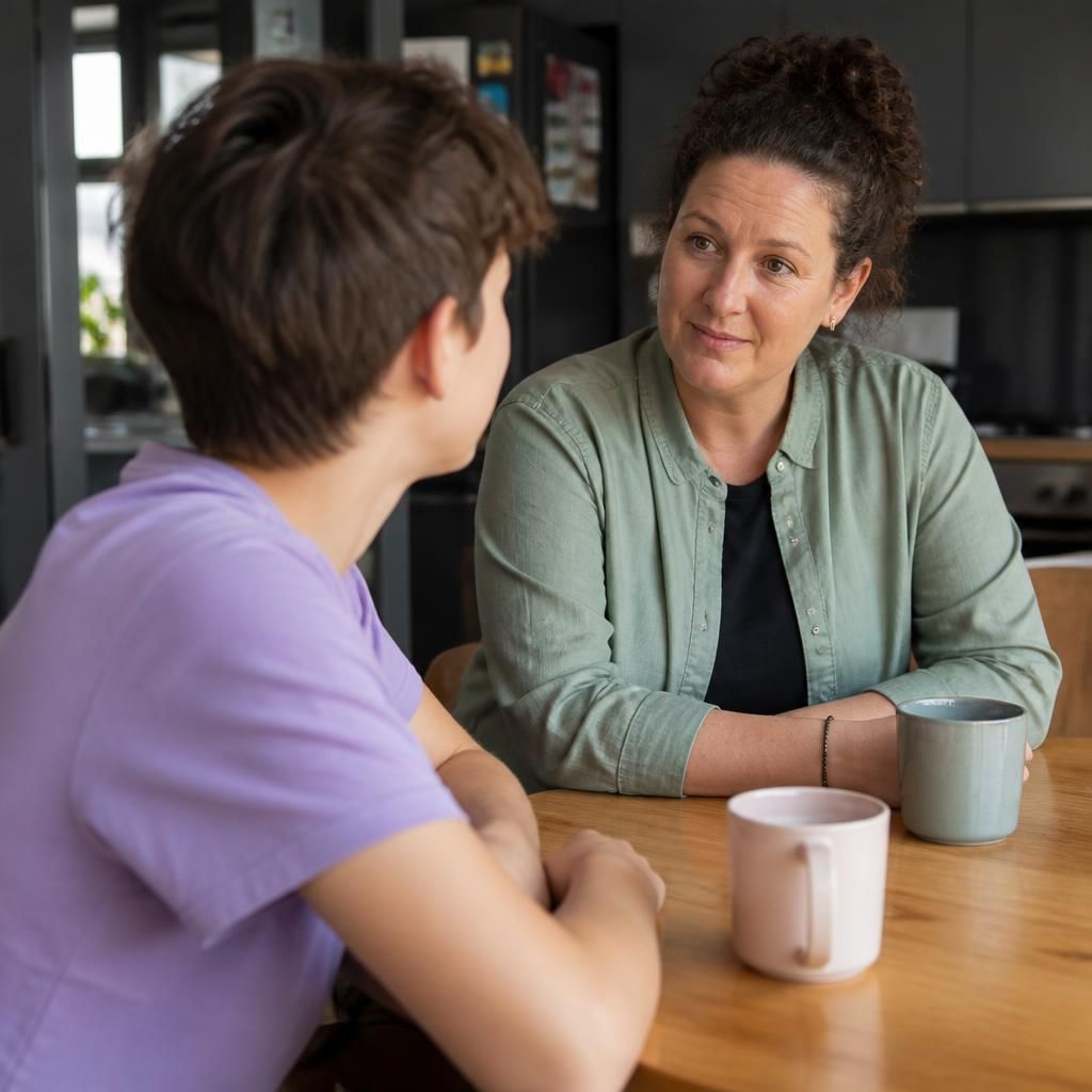 Foster carer and young person talking together at a kitchen table