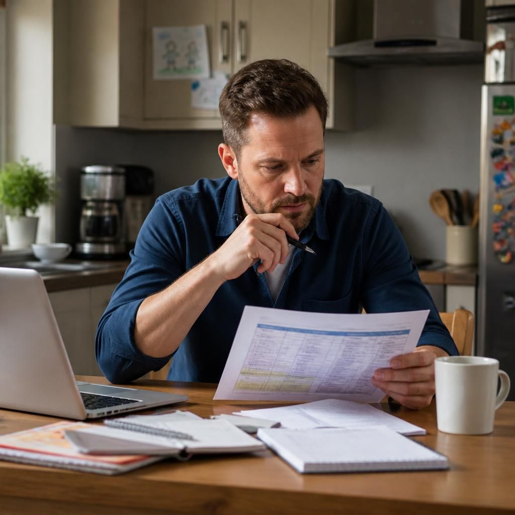 Foster carer reviewing a work rota and fostering commitments at a kitchen table