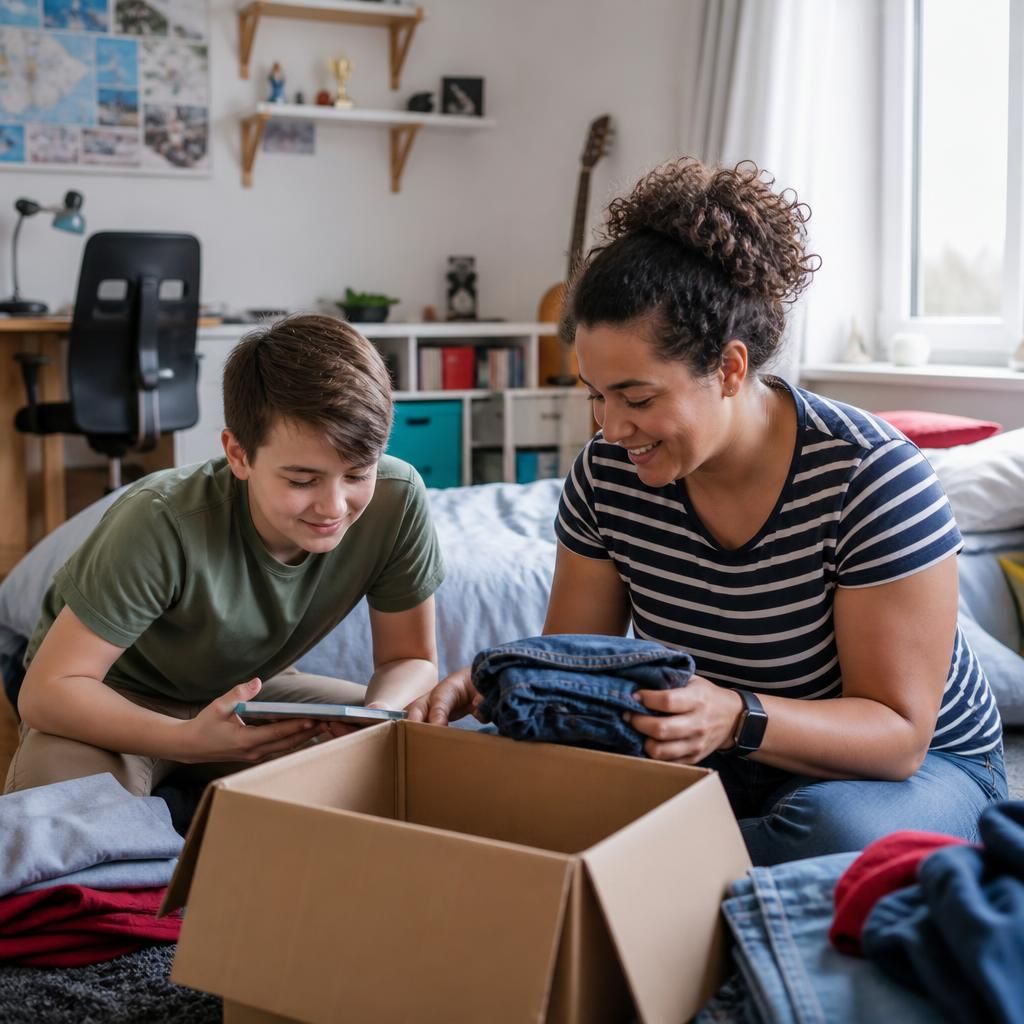 Single parent and foster child organising belongings in a shared home